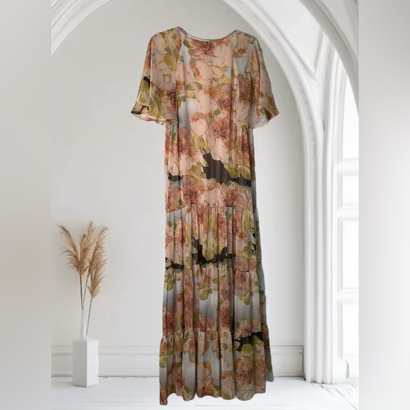 Traffic People Floral Print Boho Prairie Tiered Maxi Dress Cottagecore - Picture 3 of 6